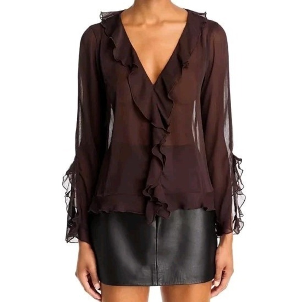 Lucy Paris Y2K Style Boho Sheer Brown Ruffle Bell Sleeve Blouse Relaxed Fit XS